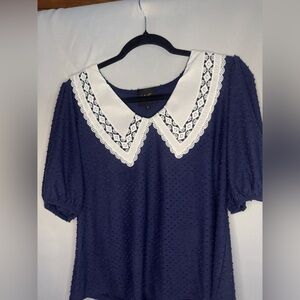 W5 | Pointed Scallop Bib Collar Swiss Dot Short Sleeve Blouse Top Blue/White (M)